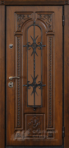 Утепленная дверь МДФ винорит со стеклом и ковкой с отделкой МДФ ПВХ - фото